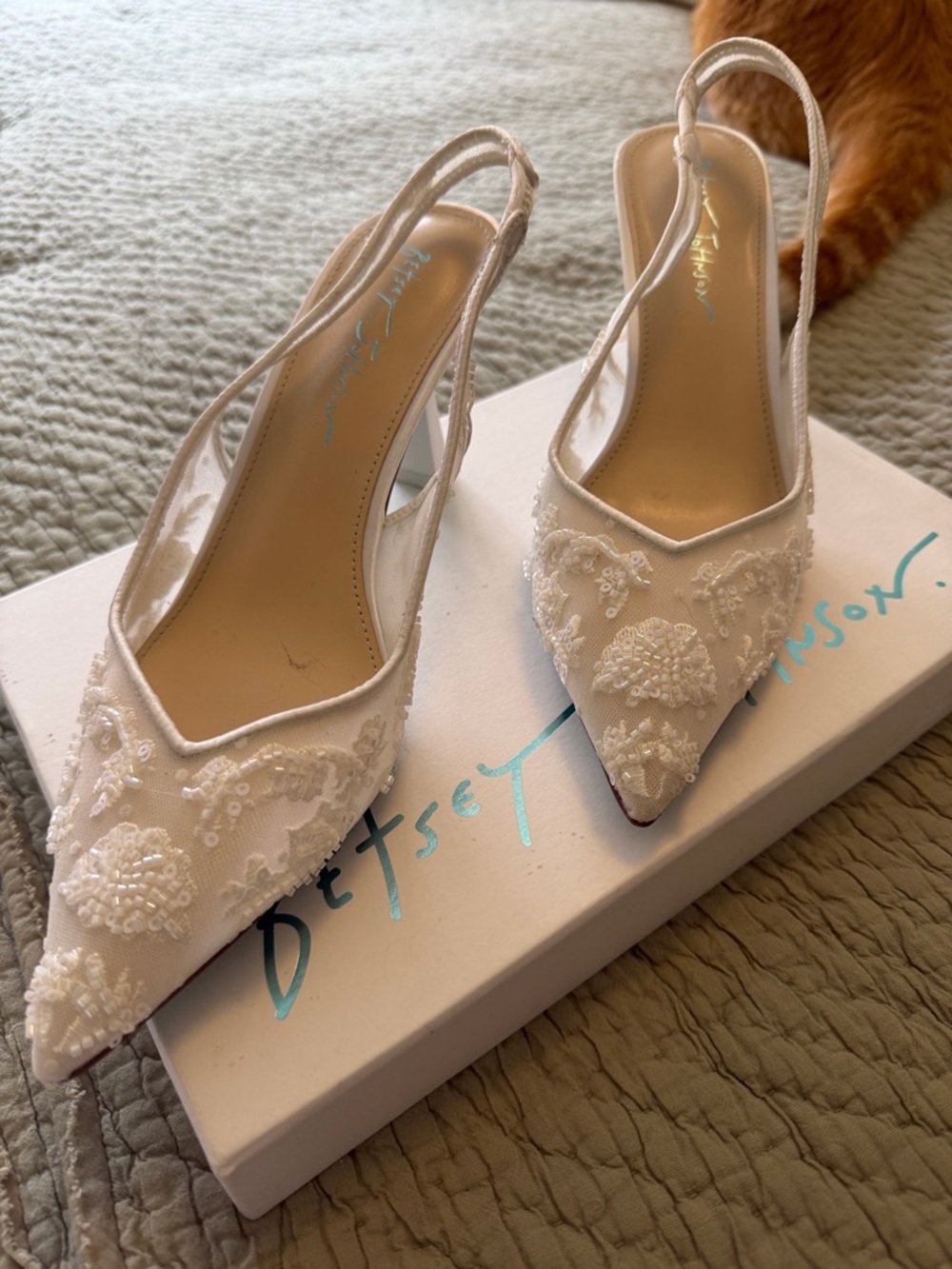 Betsey Johnson Ivory Beaded Pointed Toe Slingback Heels